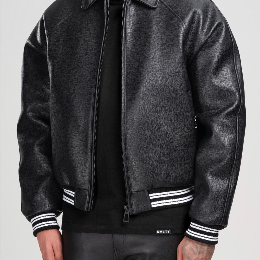 Men's Black Faux Leather Bomber Jacket with Striped Ribbed Trim